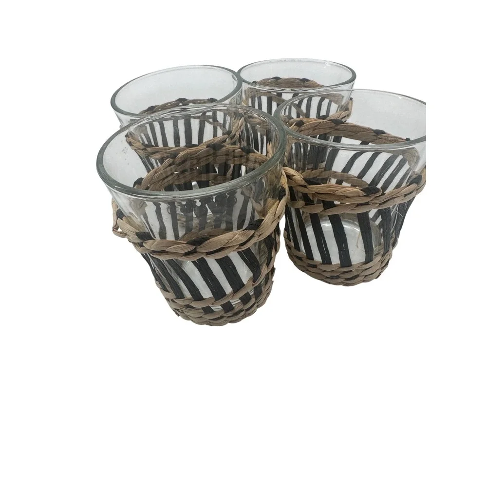 Woven Rattan Wrapped Glass Tumblers Whisky Glasses Set of 4 Natural Black Boho
